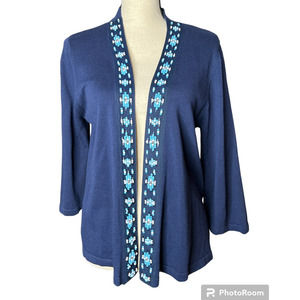 Lauren Michelle Open Cardigan Size M in Blue w/Turquoise Beaded Front